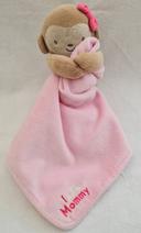 Doudou peluche singe grelot - Mouchoir rose j'adore Mommy