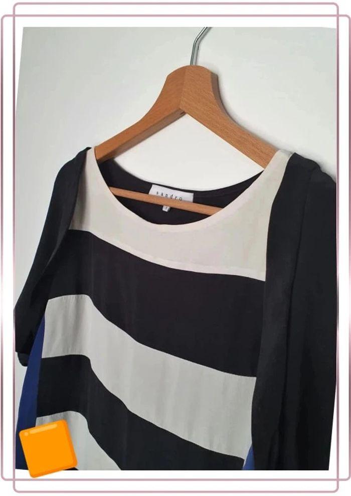 🌻 Blouse Sandro fluide noir bleu blanc taille S 100%soie - photo numéro 11