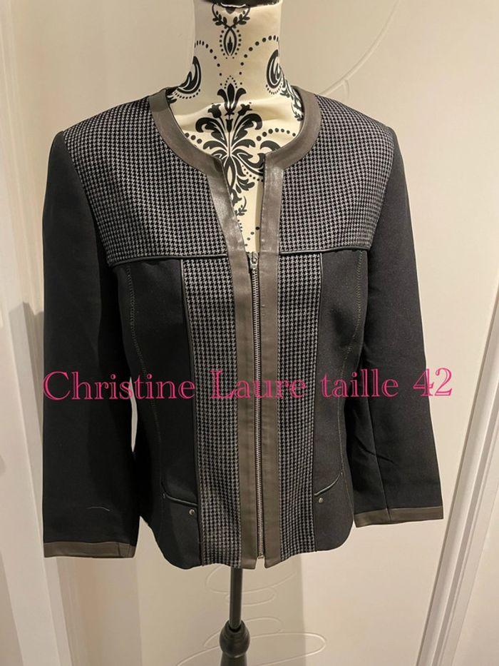 Veste blazer noir et gris à carreaux pied de poule similicuir au bord Christine Laure taille 42 - photo numéro 1