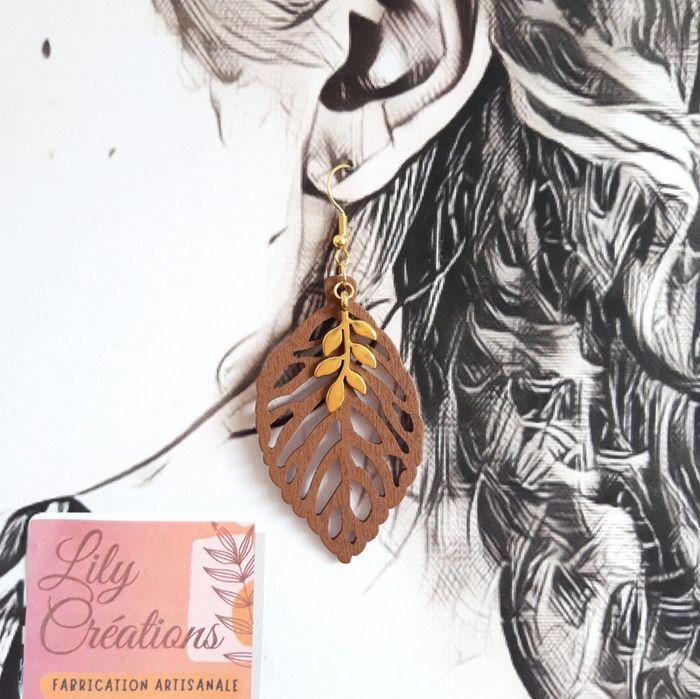 Boucles d'oreilles dorées feuilles en bois (marron) LC327 - photo numéro 2