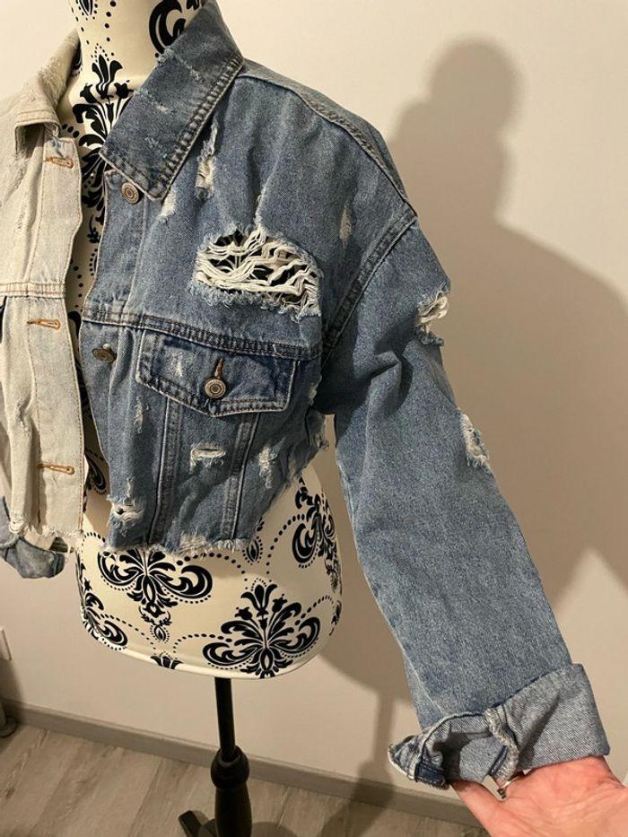 Veste blouson en jean effet déchiré et délavé partout oversize bleu clair neuf Laulia taille 34 - photo numéro 2