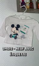 T-shirt manches longue bébé garçon  Mickey  3 mois blanc  Disney neuf étiquette