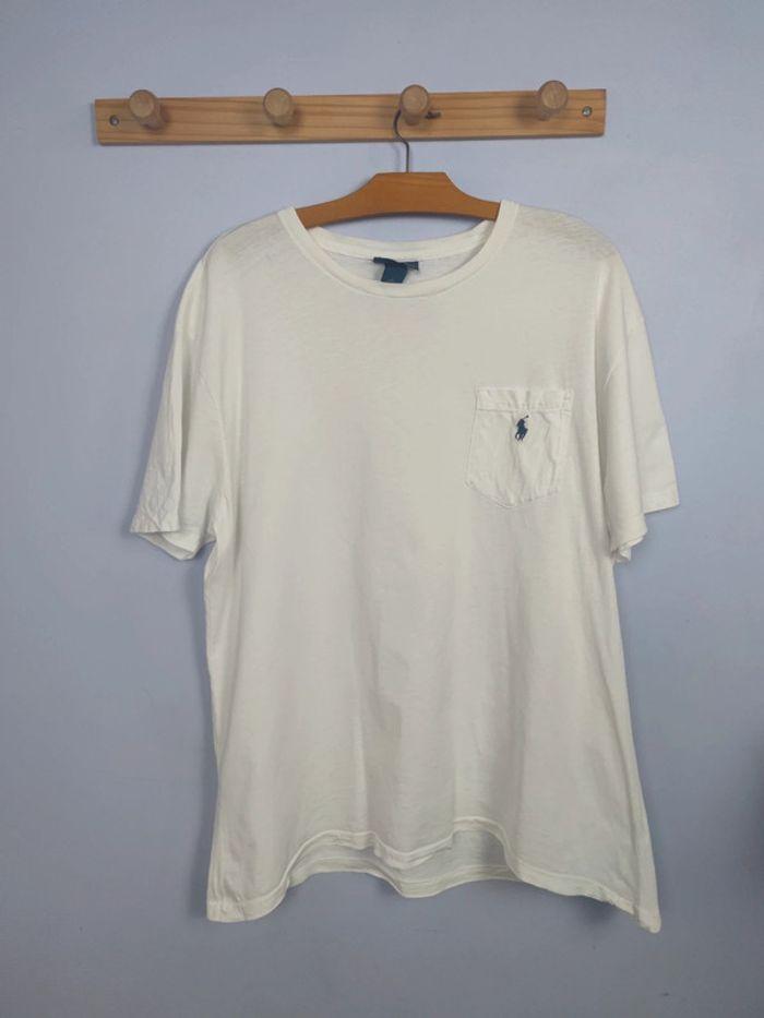 T-shirt Ralph Lauren Blanc Logo Brodé Bleu Marine Taille L Homme - photo numéro 1