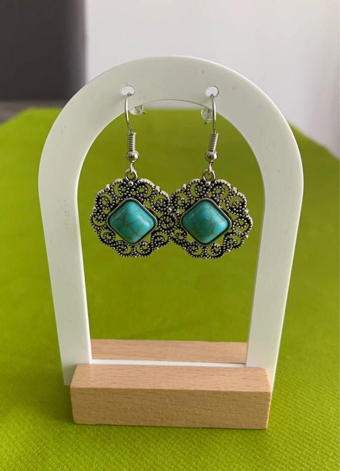 Très belle paire de boucles d’oreilles pendantes bleues turquoises en alliage de zinc argenté - photo numéro 3