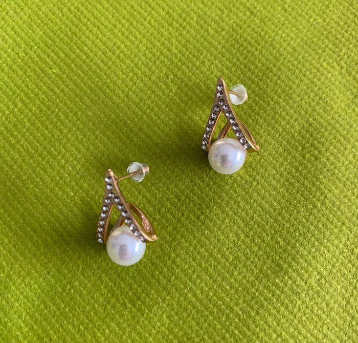 Boucles d’oreilles perles blanches et strass en alliage doré - photo numéro 5