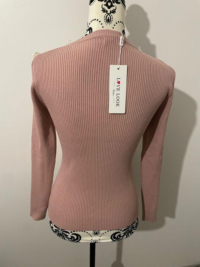 Pull rose manches longues col rond à dentelle blanc neuf love look taille S/M - photo numéro 3