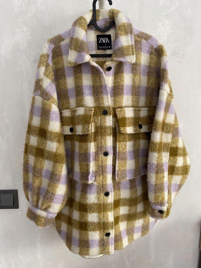 Veste surchemise Zara femme à carreaux vert, blanc et lilas en laine, oversize taille XS/S - photo numéro 1