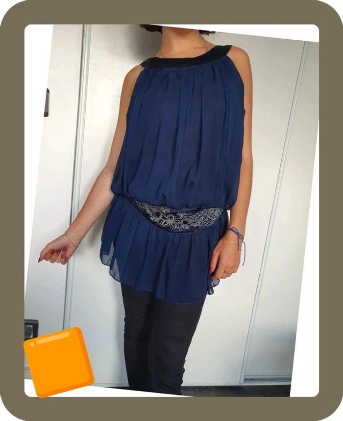 🌻 Blouse Tunique bleu marine taille 36 Voyelles - photo numéro 2