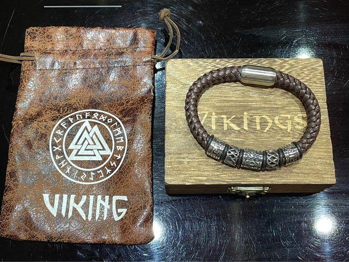 Bracelet, viking, Ragnar cuir Marron + pochette et boîte viking - photo numéro 8