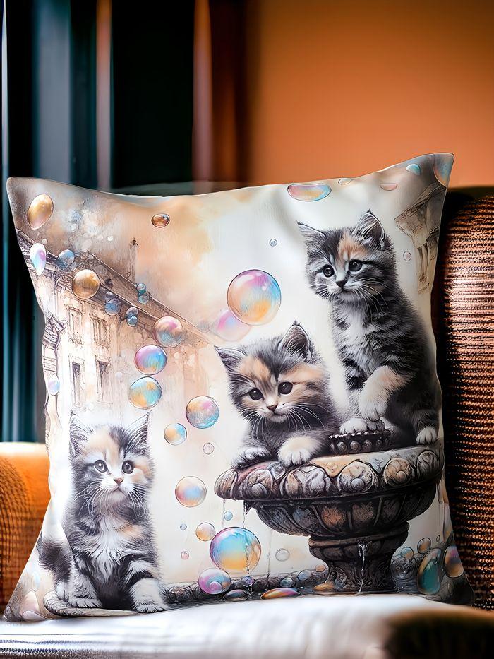 Housse de coussin velours chatons et bulles de savon