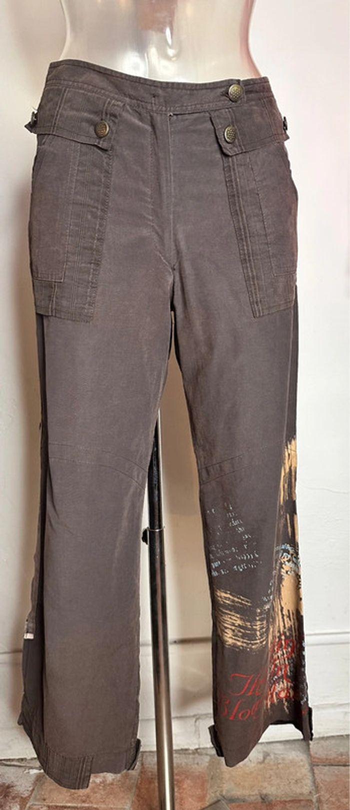 Pantalon toile marron Double Jeu à motifs et zips taille 2 - photo numéro 2