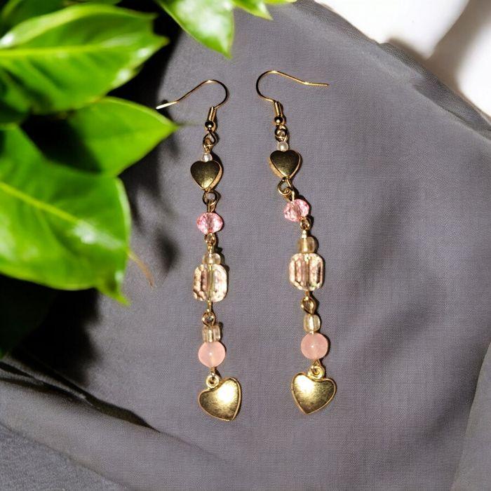 Longue boucles d oreilles en perles et cristal rose acier inoxydable doré - photo numéro 1