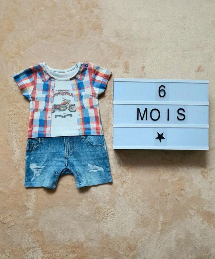 6 mois combishort barboteuse effet jean biker motard - photo numéro 1