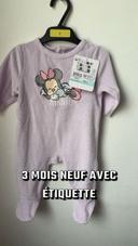 3 mois Pyjama automne hiver bébé fille Minnie Disney neuf étiquette violet mauve