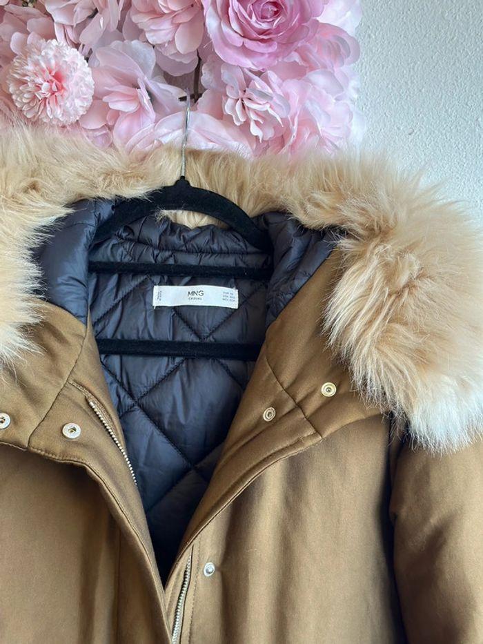 Parka manteau Mango avec capuche en fausse fourrure, couleur kaki, taille XS - photo numéro 4