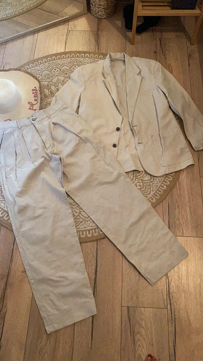 Ensemble tailleur costume veste blazer chino pantalon lin coton beige - photo numéro 1