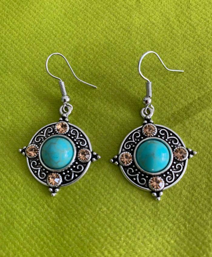 Jolies boucles d’oreilles rondes bleues turquoises en alliage argenté - photo numéro 2