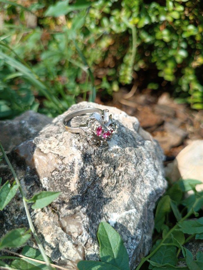 Bague vintage vtg rubis ajustable réglable argenté silver pat fleur flower rosace bijou - photo numéro 5