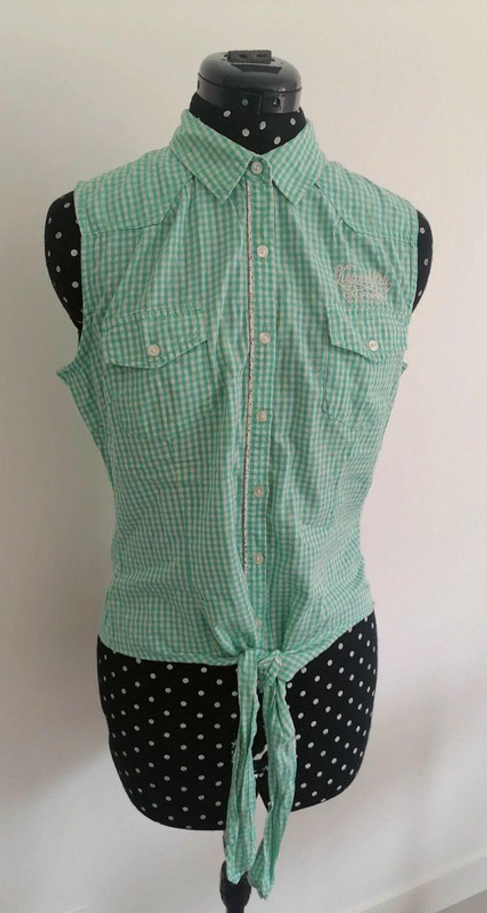 Top / chemise courte à noeuds vichy carreaux turquoise blanc Taille M Kaporal - photo numéro 4