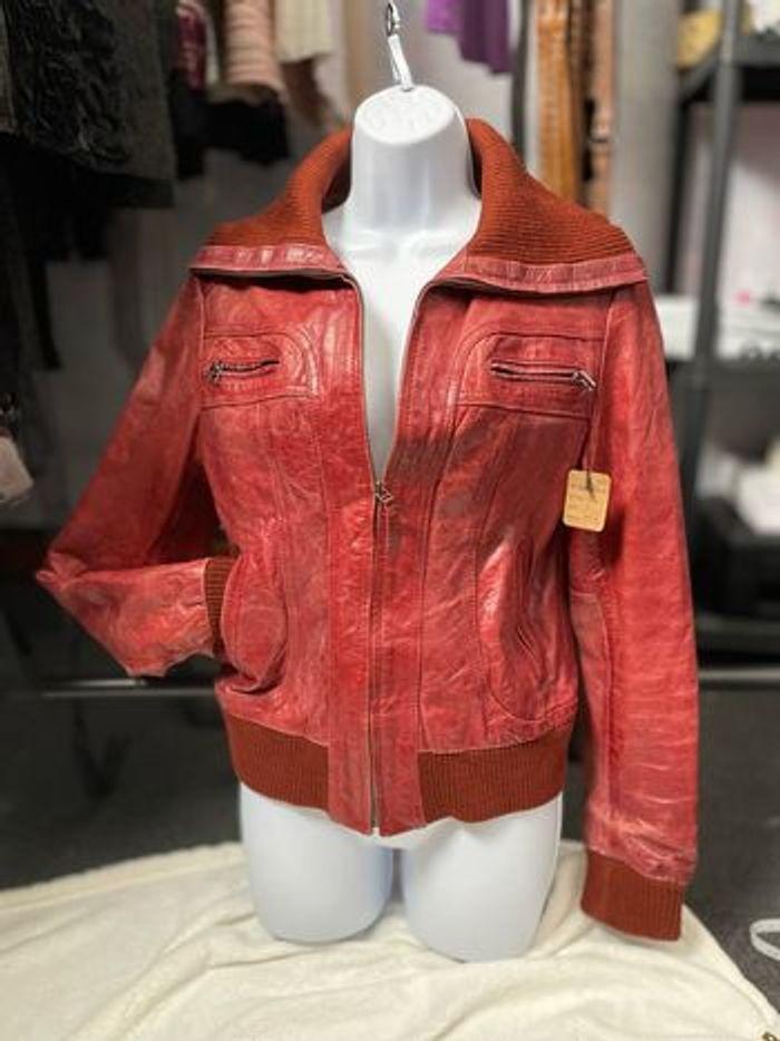 Veste en cuir véritable bordeaux vintage y2k S - photo numéro 1