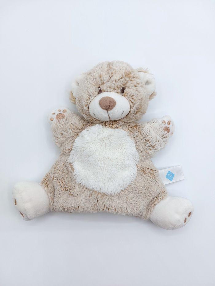 Doudou ours marionnette fourrure blanc beige chiné TEX BABY marron - photo numéro 1