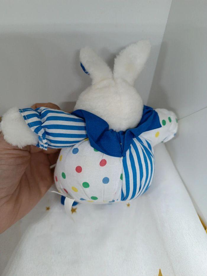 Peluche doudou lapin bunnies Bunny rabbit bleu blue blanc white rayure poids collerette berchet - photo numéro 10