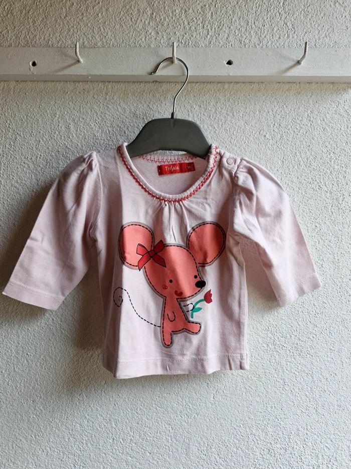 T-shirt manches longues 3 mois Tissaia Rose avec motif souris Très bon état - photo numéro 1