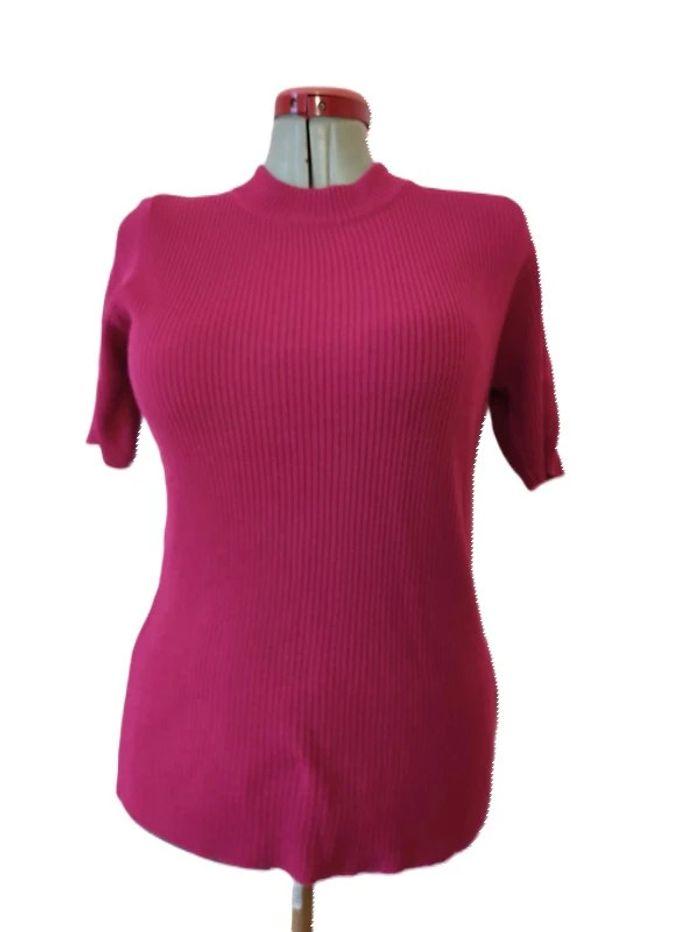 Pull côtelé manche courte Fuschia Bleu bonheur Taille 50/52 - photo numéro 1