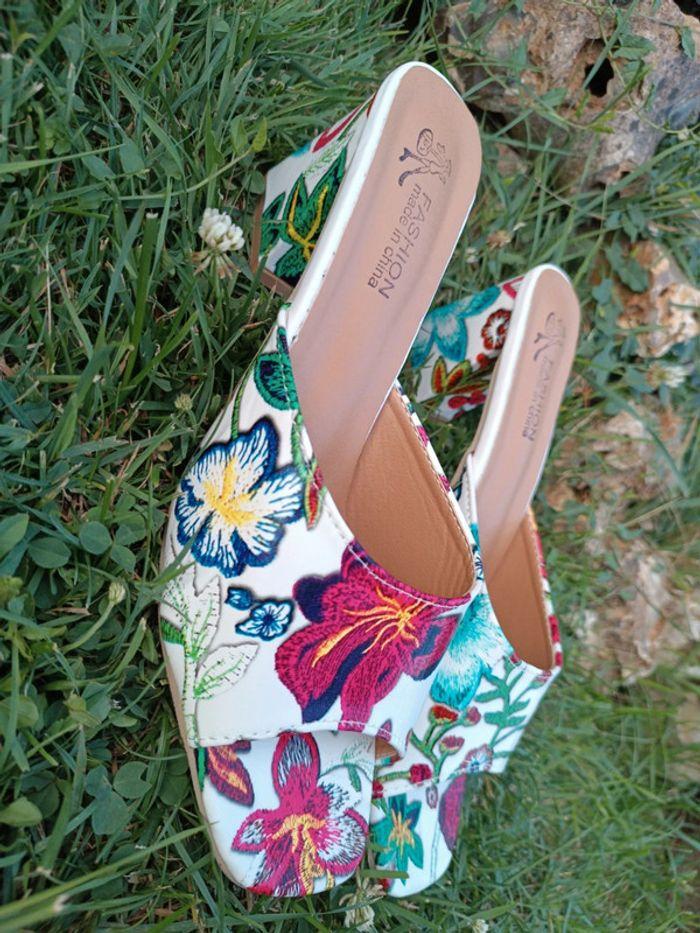 Chaussure shoes mule sandale talon carré fleur flower nu pied fleuris chic élégante 41 42 - photo numéro 12