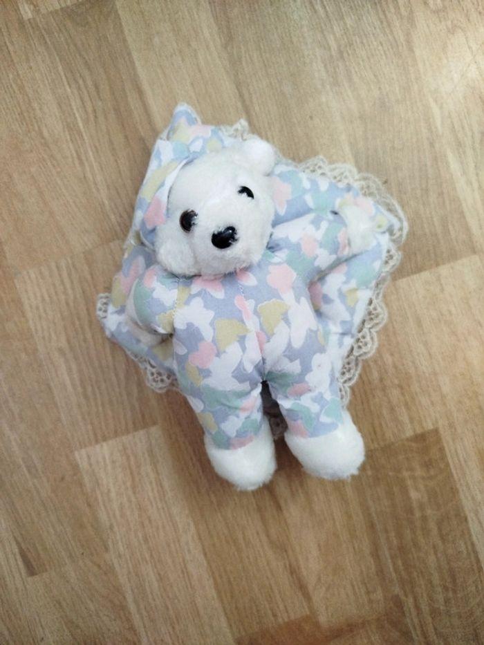 Doudou peluche ours blanc coussin papillon dentelle vintage - photo numéro 7