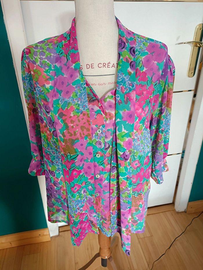 Chemise fluide vintage multicolore fleurie col lavallière marie Clémence t 48 - photo numéro 3