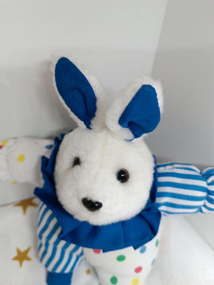 Peluche doudou lapin bunnies Bunny rabbit bleu blue blanc white rayure poids collerette berchet - photo numéro 2