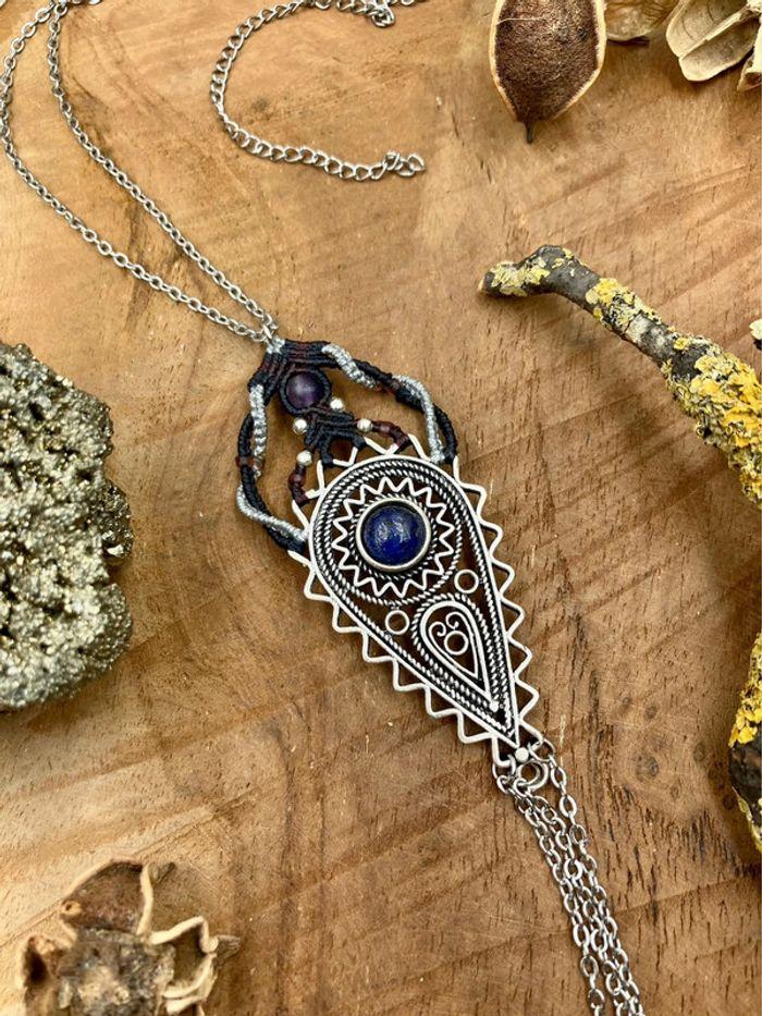 Collier pendentif sautoir chaîne en macramé avec pierre de Lapis Lazuli - photo numéro 4