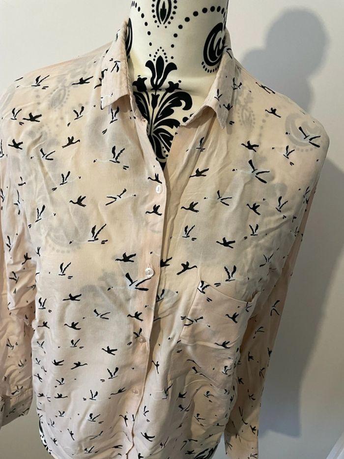 Chemise à manches longues noeud devant rose pastel à motifs oiseaux taille 38 - photo numéro 2