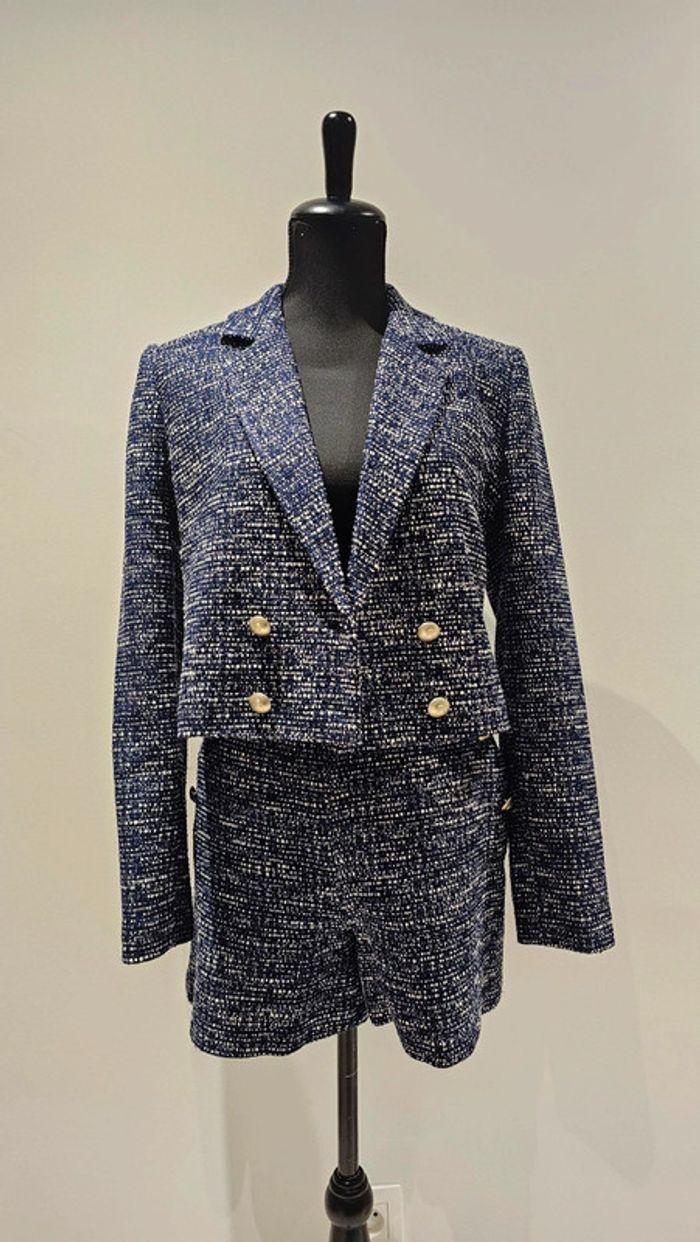 Ensemble tailleur short blazer tweed bleu Naf Naf - photo numéro 1