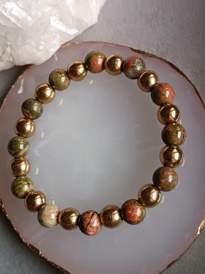 Bracelets en pierres naturelles rose et vertes (unakite) , et hématites doré - photo numéro 2