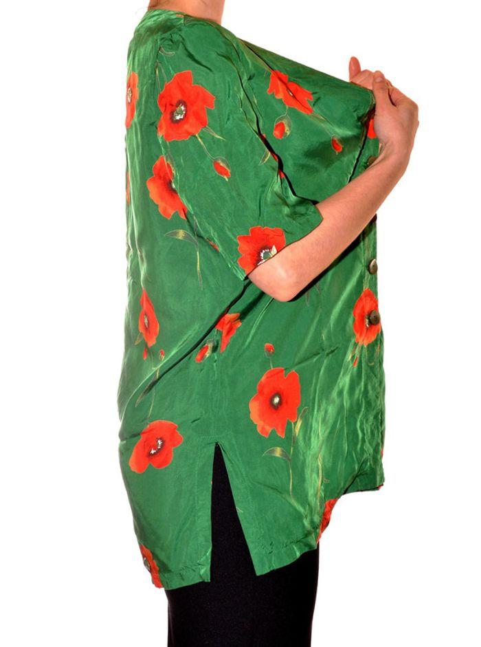 Long chemisier vintage à épaulettes fluide col V vert motif fleurs rouge coquelicot taille 44 - photo numéro 8