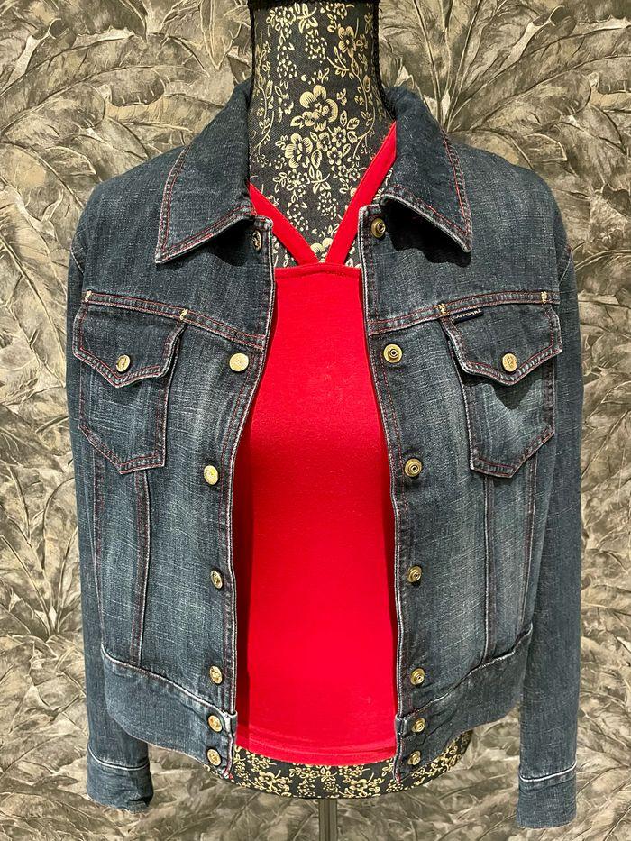 Veste blue jean originale boutons dorés et fils rouges M - photo numéro 7