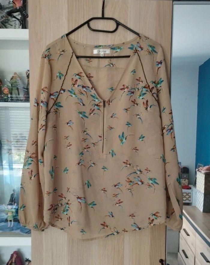 Blouse beige dessin oiseau Charlise - Taille L 40