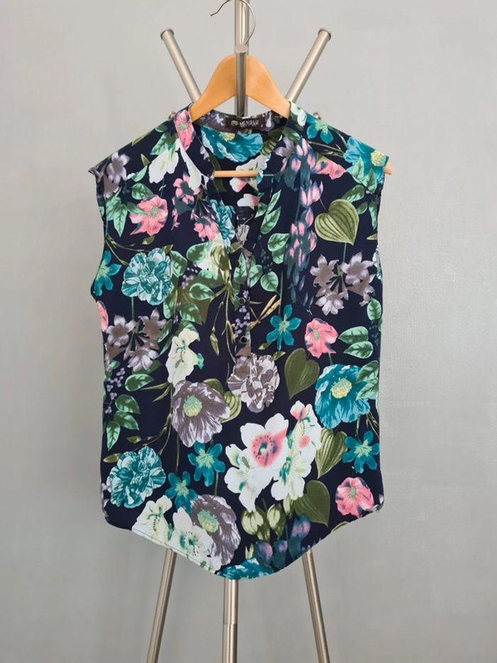 Haut blouse sans manche fleuri fleurs bleu rose S M 36 38 - photo numéro 1