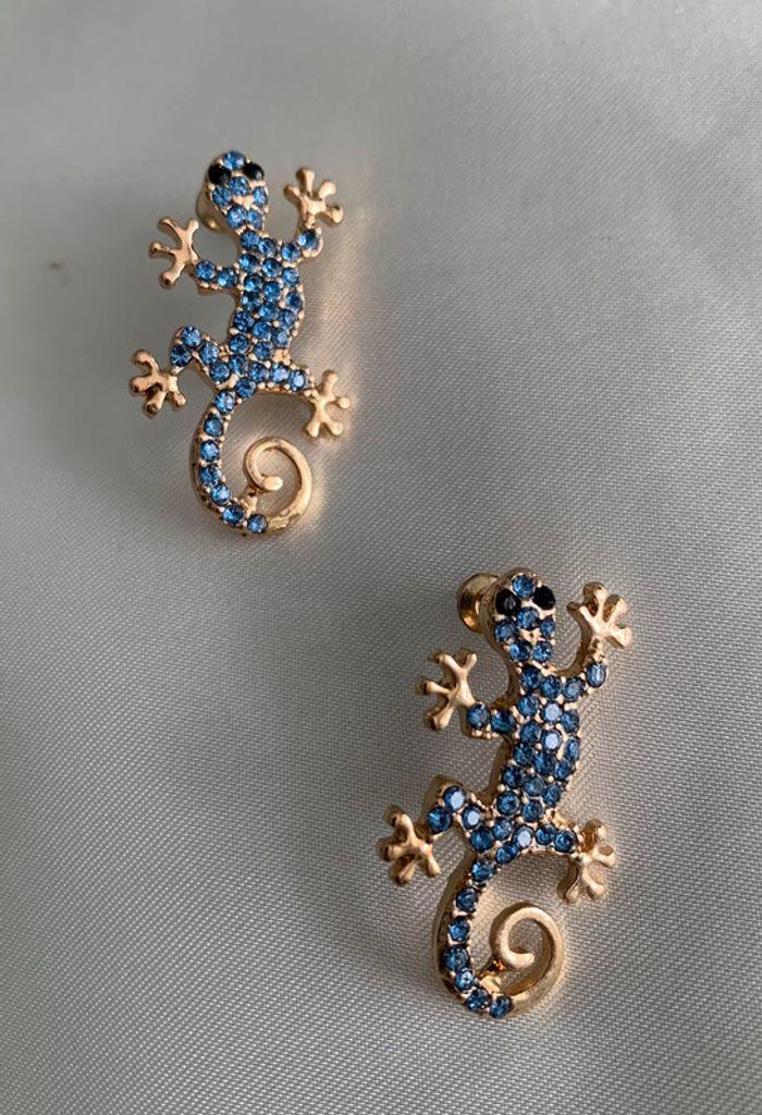 Magnifiques boucles d’oreilles à clous salamandre bleue et dorée en alliage de zinc - photo numéro 7