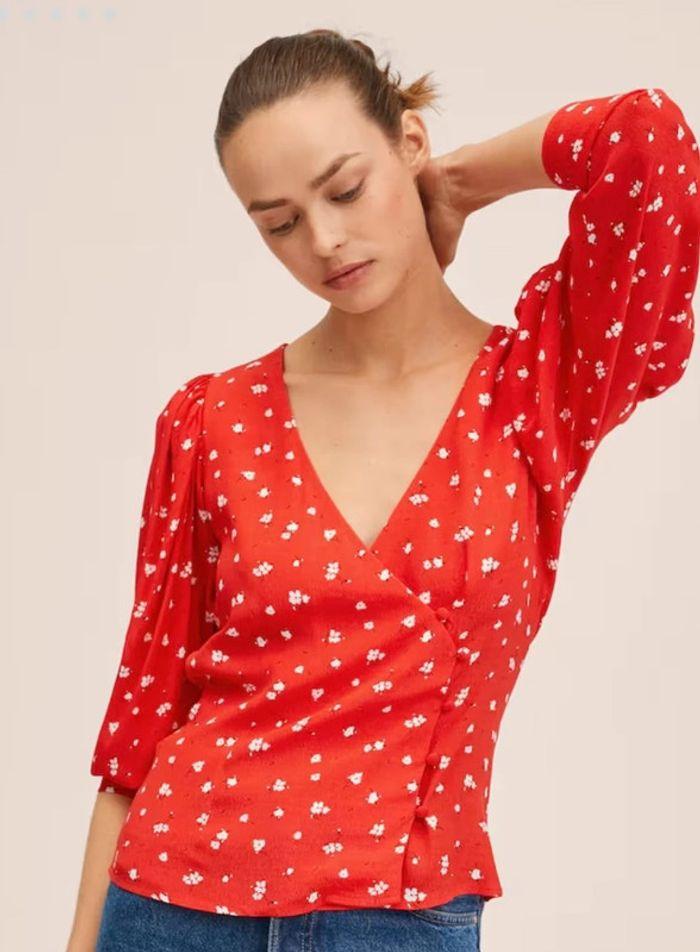 Blouse rouge effet cache cœur à fleurs- Mango - photo numéro 3