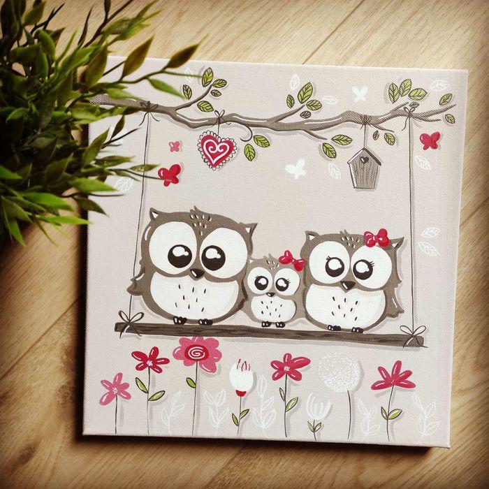 Tableau famille Hibou 30x30 fait main personnalisable