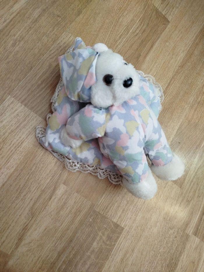 Doudou peluche ours blanc coussin papillon dentelle vintage - photo numéro 2