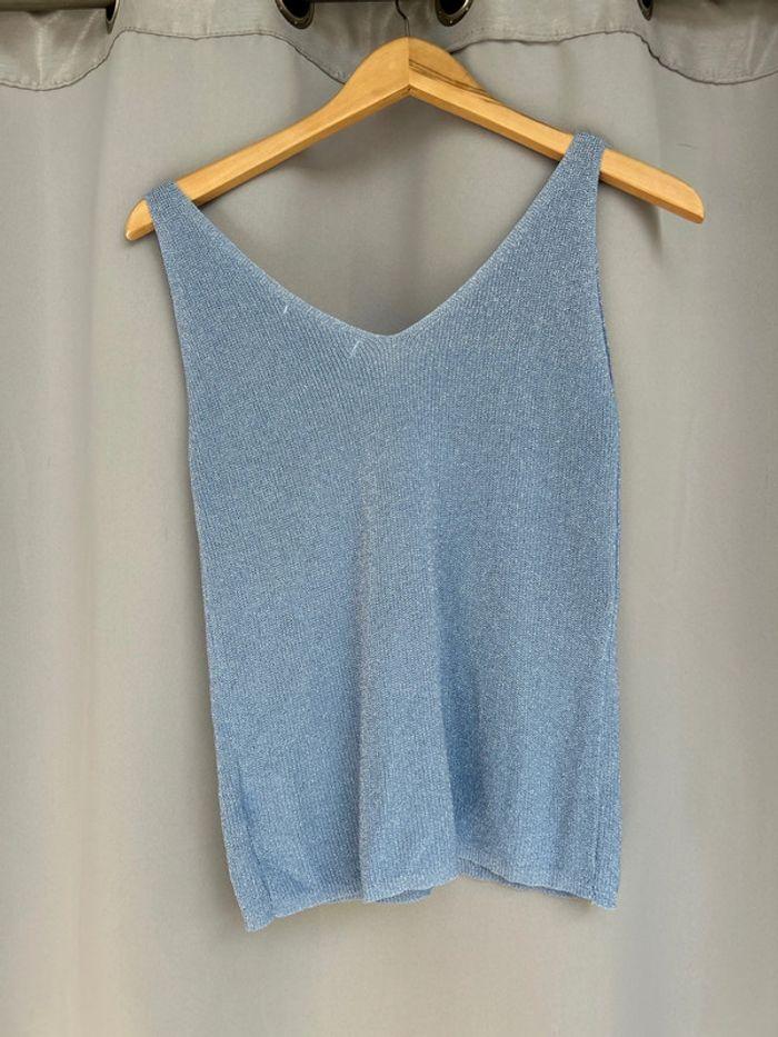 Top a bretelles bleu ciel fils argenté taille XL très bon état - photo numéro 3