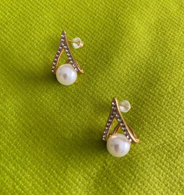 Boucles d’oreilles perles blanches et strass en alliage doré - photo numéro 2