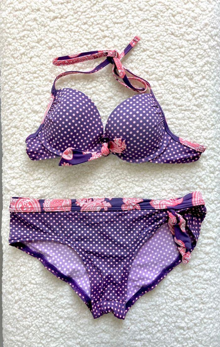 Maillot de bain deux pièces violet et rose - déco bandanas - photo numéro 1