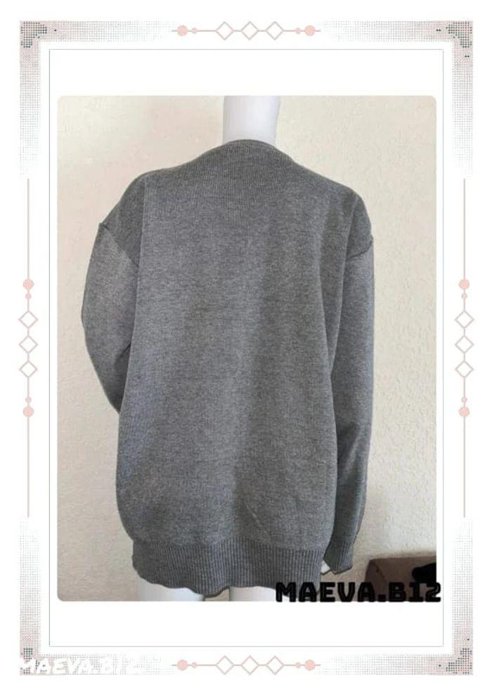 Pull gris motif carreaux noir gris vintage 80s col V taille L unisexe - photo numéro 2