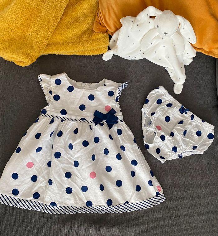 Robe + culotte bébé fille Mayoral à pois marine et rose - 4/6 mois (70cm) - photo numéro 1