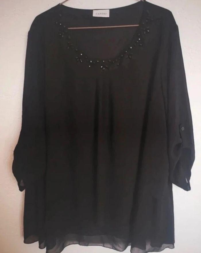 Superbe blouse légère manches 3/4 noire col perles taille L Candaï - photo numéro 1